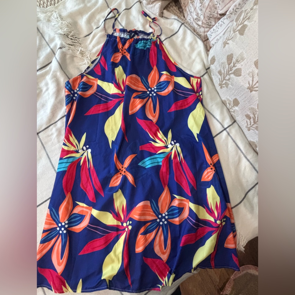 SHEIN Navy Halter Mini Dress with Orange, Pink & Yellow Floral Print